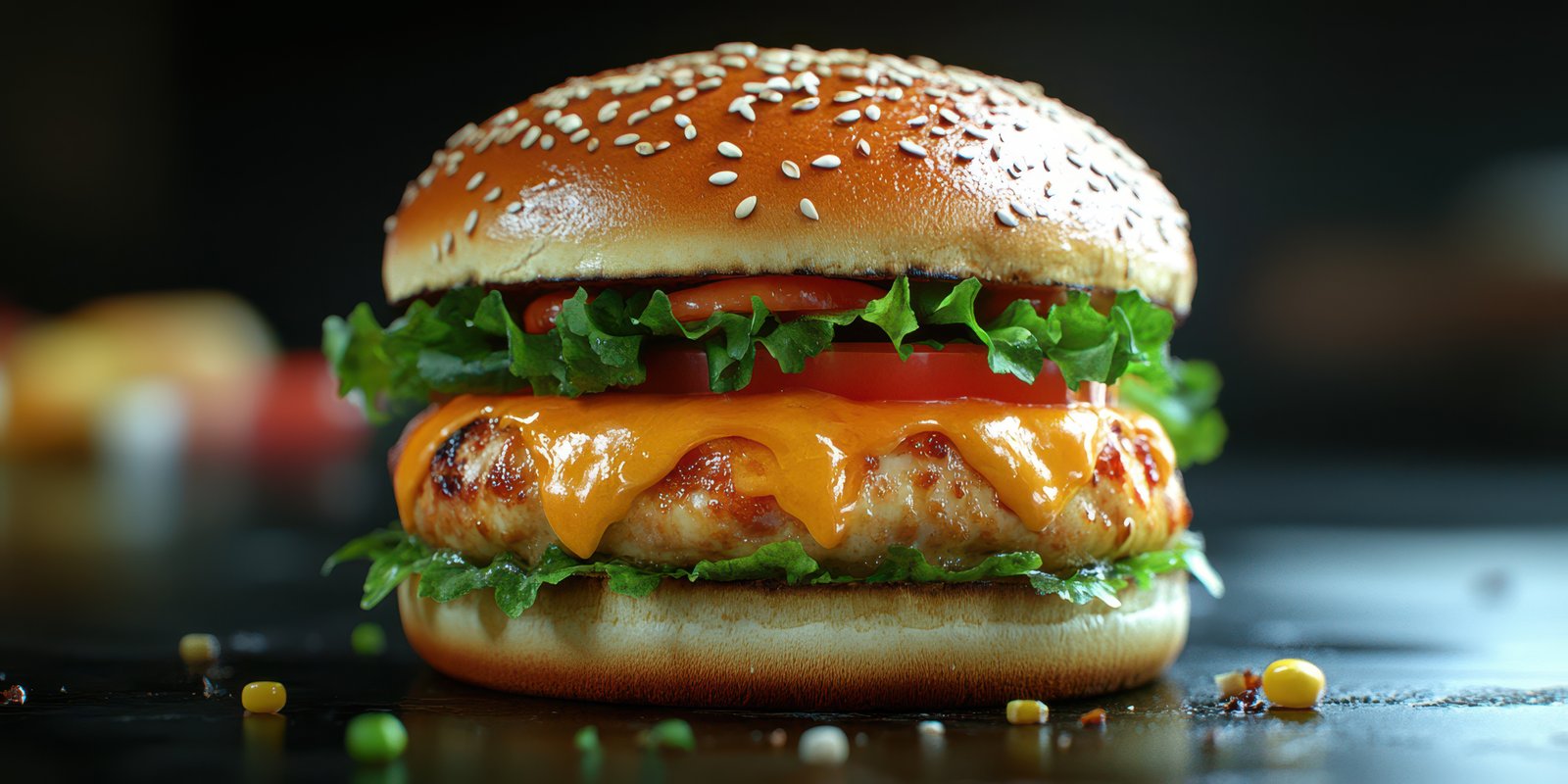 Delicious cheeseburger with fresh ingredients on display in a dark restaurant setting